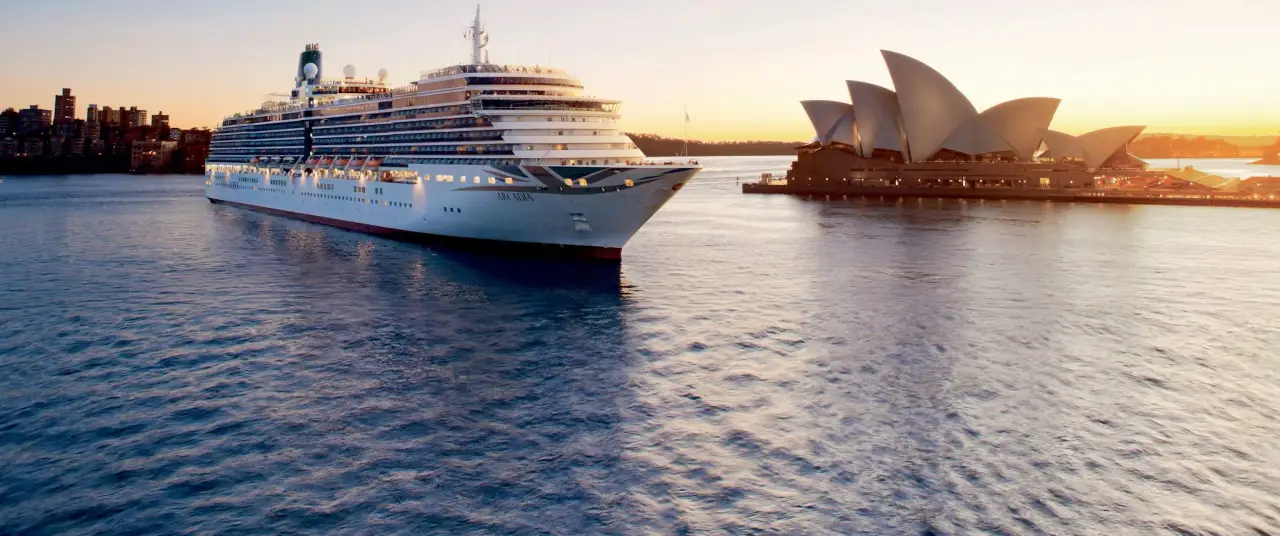 Cruise ship in Sydney Harbour at sunset